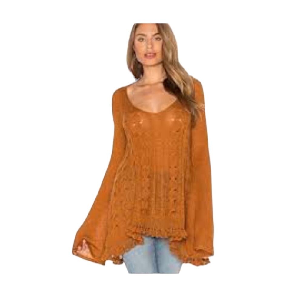 Free People Rust Brown Alpaca Blend Lightweight Waterfall Tunic Sweater, Medium